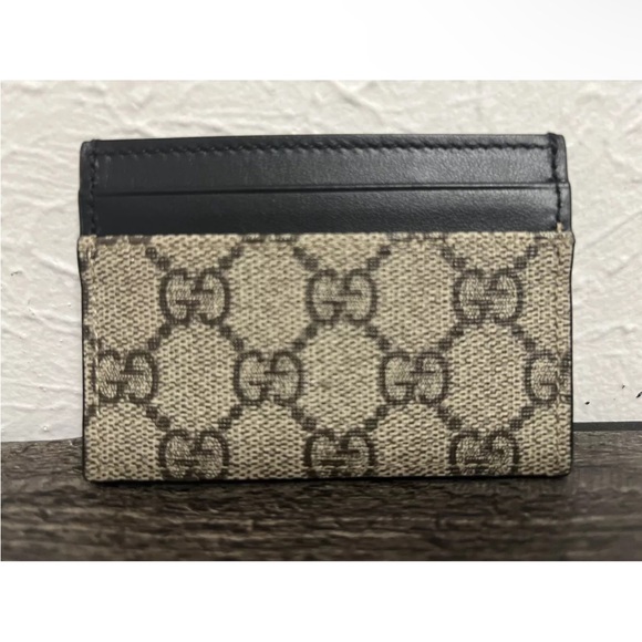 New Authentic Gucci Supreme GG Canvas Leather Card Case Holder Khaki Black - Picture 1 of 3
